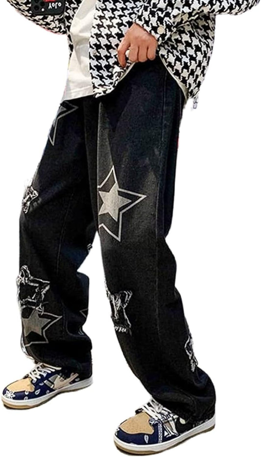 Men'S Streetwear Jeans Y2K Hip Hop Jeans Casual High Waisted Wide Leg Baggy Embroidery Harajuku Denim Pants